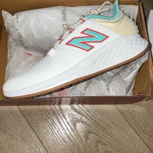 Golf Shoe New Balance White and Tan Sneakers with Red and Teal Accents